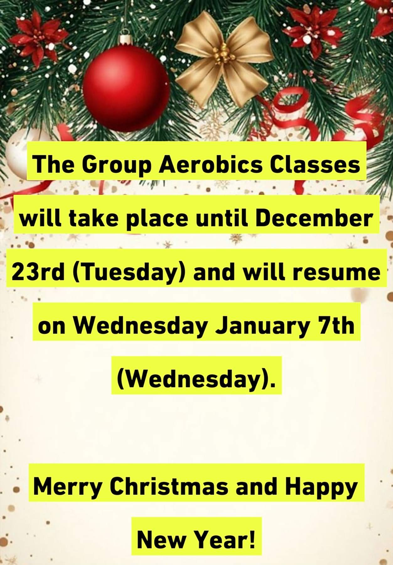 group classes holidays xmas 2025